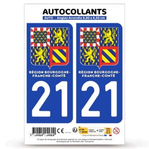 Autocollant Plaque Immatriculation 2 Stickers d&eacute;partement 21 C&ocirc;te-d'or - Bourgogne-Franche-Comt&eacute; II en Version : Fond Bleu - 9,8 x 4,5 cm Angles Arrondis (blasonimmat, neuf)