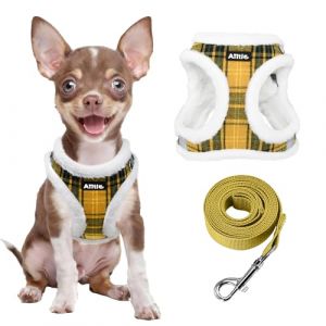 AIITLE Ensemble Harnais et Laisse r&eacute;fl&eacute;chissants en Peluche pour Chien - Motif &agrave; Carreaux, Chaud, Doux, Anti-Traction, r&eacute;glable avec int&eacute;rieur rembourr&eacute; pour Petits Chiens (Jaune, XXS) (Aiitle, neuf)