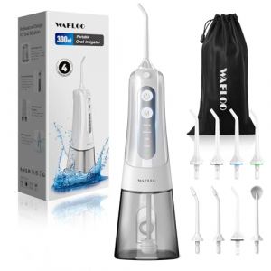 Jet Dentaire Hydropulseur, avec 8 Embouts Jet, Réservoir 300ML, Irrigateur Oral Portable avec 4 Modes, Étanchéité IPX7, Rechargeable, Nettoyage Dentaire pour Adultes à Domicile et en Voyage (WAFLOO, neuf)