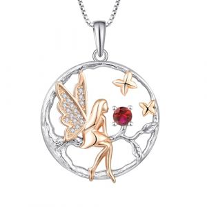 FJ Collier avec pendentif ange gardien en argent sterling 925 - Pour femme - F&eacute;e papillon - Arbre de vie - Avec pierre de naissance - Oxyde de zirconium - Cadeau pour femme et fille, Gemme, Rubis (Farjary Jewelry, neuf)