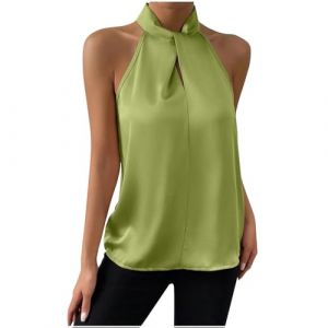 D&eacute;bardeur Femme Chic et &Eacute;l&eacute;gant sans Manches Mode Haut en Satin T-Shirt D'&Eacute;t&eacute; Chemise Ample &agrave; Col en V D&eacute;bardeur Femmes Sexy Licou Cou Suspendu R&eacute;servoir Couleur Unie Chemisier Dos Nu Gilet Hauts (⭐⭐⭐⭐⭐AEGJEGVD⭐⭐⭐⭐⭐, neuf)