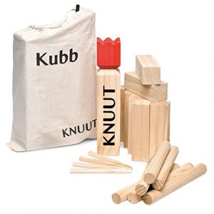 Toyfel Kubb Jeu de Quilles Finlandaises en Bois FSC ® XL et Sac en Tissu Knuut – Robuste Jeu Viking en Bois de Pin Jeu à Lancer avec 21 Éléments – Jeu Extérieur de Plein Air pour 2 à 12 Personnes (Brandvin, neuf)