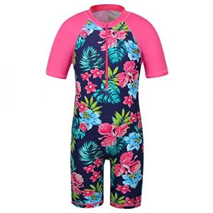 HUAANIUE Filles Maillot de Bain 1 Pi&egrave;ce 2-12 Ans, Anti-UV UPF 50+ Manches Courtes, Fermeture &Eacute;clair Frontale, Imprim&eacute;s Color&eacute;s, Id&eacute;al pour Plage et Piscine (S253-Fleur Bleu Marine, 8-10 Ans) (HUANQIU EUR STORE, neuf)