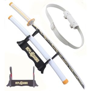 Demon Slayer Katana Zenitsu Agatsuma en Bois - Épée Kimetsu No Yaiba Sabre Réplique Cosplay avec Présentoir en Bois et Ceinturon Porte-Épée (Repliksword, neuf)