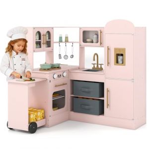 COSTWAY Cuisine d'angle Enfant avec Comptoir R&eacute;tractable et Lumi&egrave;res et Sons, Cuisine Enfant en Bois avec R&eacute;frig&eacute;rateur et Machine &agrave; Gla&ccedil;ons, Accessoires Riches, Jeu d'imitation pour 3 Ans+ (Rose) (FDS GmbH, neuf)