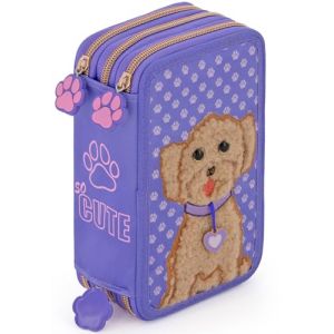 Trousse Scolaire Complète 45 Pièces – Kit Créatif Triple Compartiment avec Stylos Gel Effaçables, Crayons 4.0 mm, Feutres – Idée Cadeau Fille – Design Chien Peluche Violet – Julian Ross (clondo, neuf)