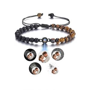 Jovivi Bracelet Photo Projection Personnalis&eacute; Rond 6mm Perle Pierre Naturelle Image &agrave; l'Int&eacute;rieur Projet&eacute; Bracelet R&eacute;glable M&eacute;moire pour Homme Femme Couple BFF (Agate Noir+Oeil de Tigre) (kaenmis, neuf)