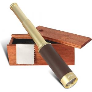 Coffret Longue Vue Puissante - T&eacute;lescope Monoculaire - Grossissement x 25 - Lentille 30 mm - Randonn&eacute;e, Chasse, Bateau, Observation des Oiseaux et Paysages - Bo&icirc;te de Rangement Bois - 33 CM - Dor&eacute; (SOLDELA &reg;, neuf)