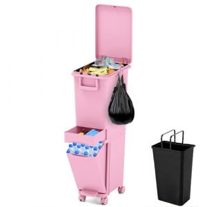 GIANTEX Poubelle de Tri Selectif 32 L, Poubelle Cuisine 3 en 1 avec 2 Bacs Amovibles, Tiroir, Poign&eacute;es Lat&eacute;rales, P&eacute;dale, Autocollants pour Tri des D&eacute;chets, Poubelle &agrave; Roulettes pour Cuisine (Rose) (GIANTEX, neuf)