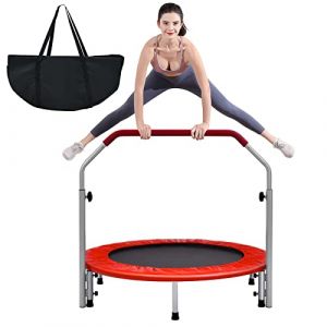 GYMAX Trampoline de Fitness Pliable avec Poignée Réglable à 4 Niveaux, Ressorts en Acier Renforcés, Couverture Rembourrée, Sac de Transport, Trampoline de Loisirs pour Adultes/Enfants (Rouge) (GYMAX EU, neuf)