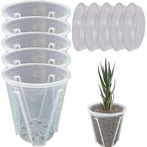Lot de 5 pots &agrave; orchid&eacute;es, transparents, avec soucoupes, en plastique, pour orchid&eacute;es, pot de fleurs, pour int&eacute;rieur et ext&eacute;rieur, balcon, bureau (14 cm + plateau) (ZDD123, neuf)