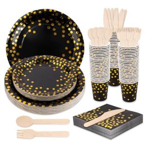 Vaisselle Noir et Or Assiette Couvert,Anstore 200 Assiettes en Carton Noir et Dor&eacute; avec Assiette Cuill&egrave;re Fourchette Couteau Gobelet Serviettes pour 25 Invit&eacute;s,Vaisselle pour Party F&ecirc;te Mariage No&euml;l (JieSD Shop, neuf)