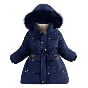 Maeau - Enfant Fille Manteau en Duvet à Capuche Détachable Hiver Veste Mi-longue Chaude Parka Matelassée Doudoune Rembourré Coupe-Vent avec Ceinture - Bleu marine - 4-5 Ans (YDAEU, neuf)