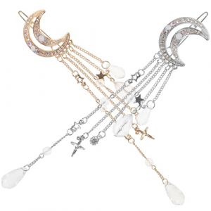 BATHVEVE 2 pi&egrave;ces Barrette &agrave; Cheveux Lune et &Eacute;toile avec Glands Longs &Eacute;l&eacute;gants Accessoires L&eacute;gers pour Femmes et Filles Pinces D&eacute;coratives Chic Or et Argent (MINAMYIO, neuf)