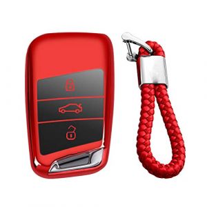 M.JVisun Doux TPU Clef Coque Porte-clés pour Volkswagen Arteon Atlas Golf Alltrack Jetta Passat Pour Tiguan Pour Skoda Kodiaq Superb A7 Intelligent Clé de Voiture - Brillant Rouge - Tressé Porte-clés (M.Jvisun.Eu, neuf)