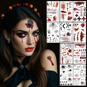 10 Pièces Cicatrice Halloween Tatouages, effrayant Temporaires Tatouage Halloween, Tatouages Zombie, Tatouage pour Décoration Halloween, Cicatrice Visage D'horreur Sanglante,Spécial Maquillage (BenCo, neuf)