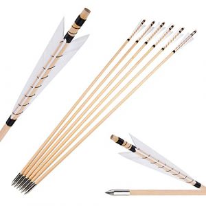 SHARROW 6/12pcs Tir à l'arc Flèches de Bois Flèches de Chasse Traditionnelles Arbre de Flèche en Bois avec 5" Plumes Naturelles Métal Pointe de Flèche (12pcs, Blanc) (AME Archery Shop, neuf)