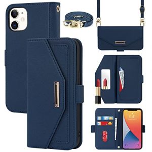 Cavor Coque Compatible avec iPhone 12 Mini Etui avec Cordon,Flip Portefeuille &Eacute;tui Cuir,[5 Porte Cartes][Miroir][Magn&eacute;tique][R&eacute;glable Collier] Housse - Bleu (Copmob, neuf)