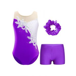 Oyolan Enfant Fille Justaucorps Gymnastique Strass avec Short Danse Gym Patinage Costume Spectacle Entraînement 5-16 Ans D Violet 3-4 ans (Oyolan EU, neuf)