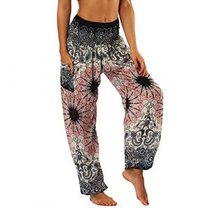 Nuofengkudu Femme Harem Pantalon Sarouel Thaïlandais Hippie Baggy Léger Boho Ethnique Smockée Taille Haute avec Poches Yoga Pants Été Plage ,Gris Fleur,Taille unique (better Life, neuf)