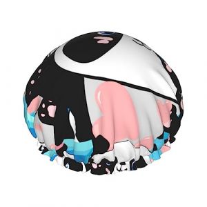 Bonnet de douche et bonnet de bain Panda mignon motif coeurs roses pour femme, bonnets de douche imperm&eacute;ables surdimensionn&eacute;s r&eacute;versibles grands con&ccedil;us pour toutes les longueurs de cheveux, bonnet d (DoubleShopShow, neuf)