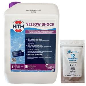 Anti-algues Piscine spécial Moutarde HTH Yellow Shock Liquide - Bidon 3 litres + 12 bandelettes d'analyse 7 en 1 (EASYPISCINE, neuf)