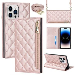 Cavor Coque iPhone 14 Pro avec Cordon,Etui iPhone 14 Pro,Flip Portefeuille &Eacute;tui en Cuir,[2 Porte Cartes][Magnetique],R&eacute;glable Collier Housse Etui Rabat Case pour iPhone 14 Pro - Or Rose (Copmob, neuf)
