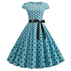 Robe Ann&eacute;e 60 Femme Col V sans Manches Vintage Robes Style 1950's Audrey Hepburn Pin Up Rockabilly &Eacute;l&eacute;gante Polka Dot Swing Retro Robe Pliss&eacute;e Robe De Soir&eacute;e Cocktail Mi Longue (Blingko, neuf)