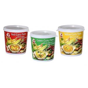 Cock Brand - Ensemble de dégustation de pâtes de curry - Paquet de 3 (3 x 400g) - 3 variétés, 1 boîte de pâte de curry rouge, verte et jaune (Singulaer GmbH, neuf)