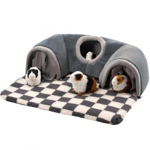 Avont Maison pour Cochon d’Inde, Lit à Cabane pour Petits Animaux, Tapis Lavable pour Lapin Nain, Nid Intérieur avec Tunnel pour Jouer, Dodo et Cachette, Grand Modèle Maison pour Rongeur -Gris (Suixi Store, neuf)