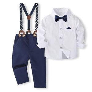 Volunboy Ensemble 4 Pièces de Vêtements pour Bébé Garçon, Noeud Papillon Chemise + Pantalon Bretelle Costume 1-5 ans(Blanc Marine,Taille 110,3-4 Ans) (Volunboy, neuf)