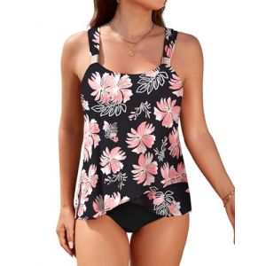 Nadeer Ensemble Tankini Maillot de Bain Femme 2 Pieces Gainant Ventre Plat avec Bas Taille Haute Imprim&eacute; &agrave; Volants Swimwear R&eacute;glable Maillot de Plag Beachwear Swimsuit(Fleurs Roses,L) (Likela, neuf)