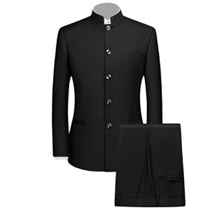 Costume Tunique Chinoise 2 Pièces pour Hommes Ensemble Blazer à Col Mandarin Ensemble Pantalon Veste Boutonnée Robe de Marié Uniforme Traditionnelle (Noir,L) (Huabaohua[7-12 Deliverly], neuf)