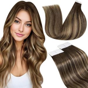 LaaVoo Extension Cheveux Naturel Adhesive Balayage Brun Caramel Dore 50g 20pcs 45cm Extension Adhesive Cheveux Humain Marron Blanc Ombre Lisse #4/27/4 (Laavoo, neuf)