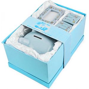 BRUBAKER - Coffret cadeau B&eacute;b&eacute;/Naissance - 4 Pi&egrave;ces - Ma premi&egrave;re tirelire, Bo&icirc;te &agrave; dents de lait, Bo&icirc;te &agrave; m&egrave;che de cheveux & Cadre photo - Bleu/Gar&ccedil;on - Allemand (BRUBAKER (Der Schnellversender!), neuf)