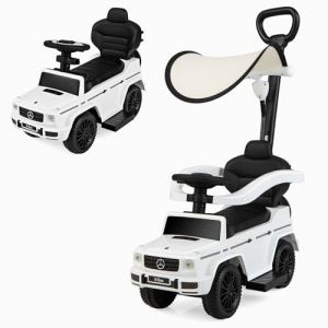 GOPLUS 3 en 1 Porteur Bebe Mercedes Benz, Pousse Pousse avec Poign&eacute;e Auvent R&eacute;glable, Garde-Corps, Klaxon, Bruit de Moteur, Rangement, Poussette Jouet pour Enfant 1-3 Ans,Charge 25KG (Blanc) (Augenstern24, neuf)
