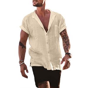 YAOBAOLE Chemise Lin Col Mao Homme Chemise Lin Homme Chemises Hommes Été Manches Courtes Boutons Chemises Kaki L (YBLfashion, neuf)