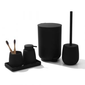 AJEUNGAIN Ensemble Accessoire Salle de Bain Noir, Decoration Salle de Bain avec Distributeur Savon, Porte-Brosse à Dents, Poubelle, Brosse WC et Support, Plateau (Noir) (AJEUNGAIN, neuf)
