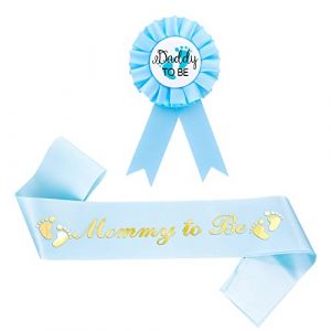 Abeillo Badge en fer blanc pour d&eacute;coration de f&ecirc;te pr&eacute;natale, &eacute;charpe de douche &laquo; Mom to Be &raquo; et &eacute;pingle &agrave; bouton &laquo; Daddy to Be &raquo; pour f&ecirc;te de r&eacute;v&eacute;lation du sexe (bleu) (Moxum, neuf)