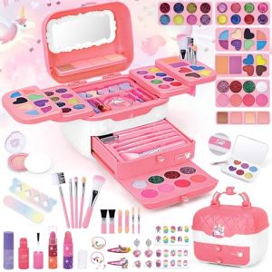 BuzzoXerex Maquillage Enfant Fille, Ensemble de Malette Maquillage Fille 73 Pièces Lavable Coffret Maquillage Enfant avec Miroir de Maquillage, Autocollant pour Ongles et Rouge à Lèvres (Rose) (WONDORSTAR ETRADE, neuf)