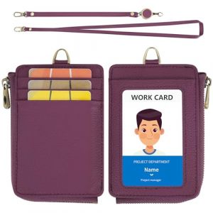 Wason Porte-Badge en Cuir avec Poche Zipp&eacute;e Lani&egrave;re D&eacute;tachable Dragonne et Enrouleur Badge R&eacute;tractable, Emplacement carte polyvalent Carte d'identit&eacute; Badge Cl&eacute; Permis de conduire (Violet) (Wason eu, neuf)