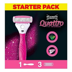 Kit promotionnel de 3 lames de rasoir Wilkinson Sword Quattro for women + 1 manche gratuit (Venture Blue, neuf)