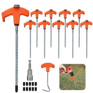 Lot de 10 Piquet De Tente a Visser, Piquets De Tente en Acier avec Filetage Et Support De Corde, Ancrages Au Sol à Visser Accessoires pour Tente, Piquet Auvent pour Le Camping pour Sol Dur et Bois (RIXING, neuf)