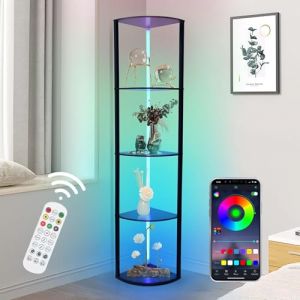Étagère d'angle RVB à 5 niveaux - Lampadaire LED pour salon - 160 cm - Lampadaire avec étagère en bois via application et télécommande - 6 températures de couleur 2700-6500 K - Vitrine d'angle (DEYITONG COMPANY, neuf)
