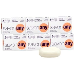 SORIFA - Lot de 6 – Savon purifiant ANY – Visage et corps – Hygiène quotidienne - Peaux à problèmes – Peaux pigmentées – Base lavante 100% végétale - Sans parfum - Pain 100 gr. (DERMACARE-PRO, neuf)
