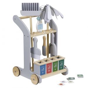 Baroni Toys Chariot de Nettoyage en Bois Montessori, 8 pi&egrave;ces, Jeu &eacute;ducatif avec Chariot entra&icirc;nable, Balai et Pelle &agrave; poussi&egrave;re, serpilli&egrave;re, Brosse, ramassage des d&eacute;chets, 29x32x48 cm (Baroni Home, neuf)