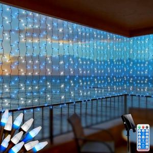 Rideaux lumineux à énergie solaire,2 x 2 m 200 LED mini guirlande lumineuse à incandescence, lampes solaires de jardin, rideau de cascade suspendu, étanche (bleu + blanc) (CERIAL-EU, neuf)