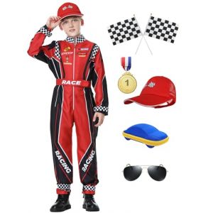 KUKIKUKI Costume de pilote de voiture de course Combinaison de pilote avec casquette Kids Dress Up for Halloween (Set Rouge, 120) (Bawo, neuf)
