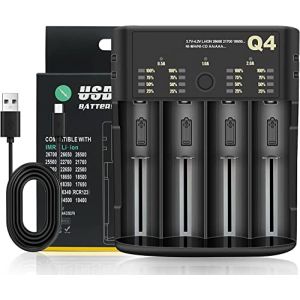 18650 Chargeur de Batterie, 4 Emplacements Chargeur Rapide pour Batterie Li-ion 3,6-4,2 V 10440 16340 18650 18700 20700 21700 22650, 1,2-2,4 V NI MH/NI CD : AAAA, AAA, A, A. SC, C (Rbaotech, neuf)