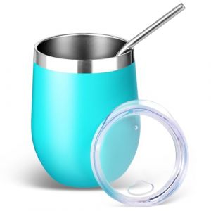 Volhoply Lot de 1 gobelet &agrave; vin sans pied en acier inoxydable de 355 ml avec couvercle et paille &ndash; Verre &agrave; vin isotherme &agrave; double paroi sous vide &ndash; Tasse &agrave; caf&eacute; de voyage r&eacute;utilisable pour boissons (Volhoply, neuf)